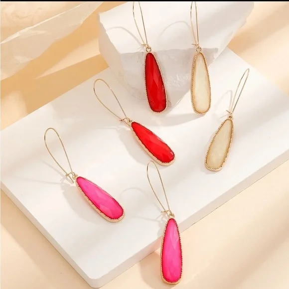 3 Pairs Gold Geometric Gemstone Drop Earrings - Picture 2 of 2